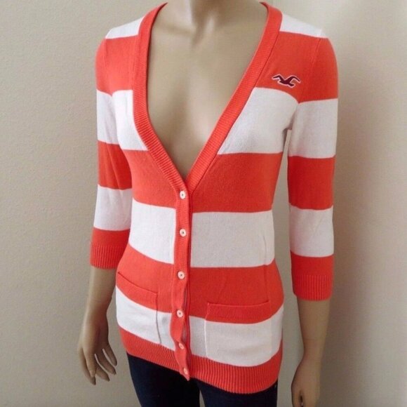 NWT Hollister Womens Cardigan Sweater Size Small Striped Top Shirt Coral & White - Picture 2 of 4